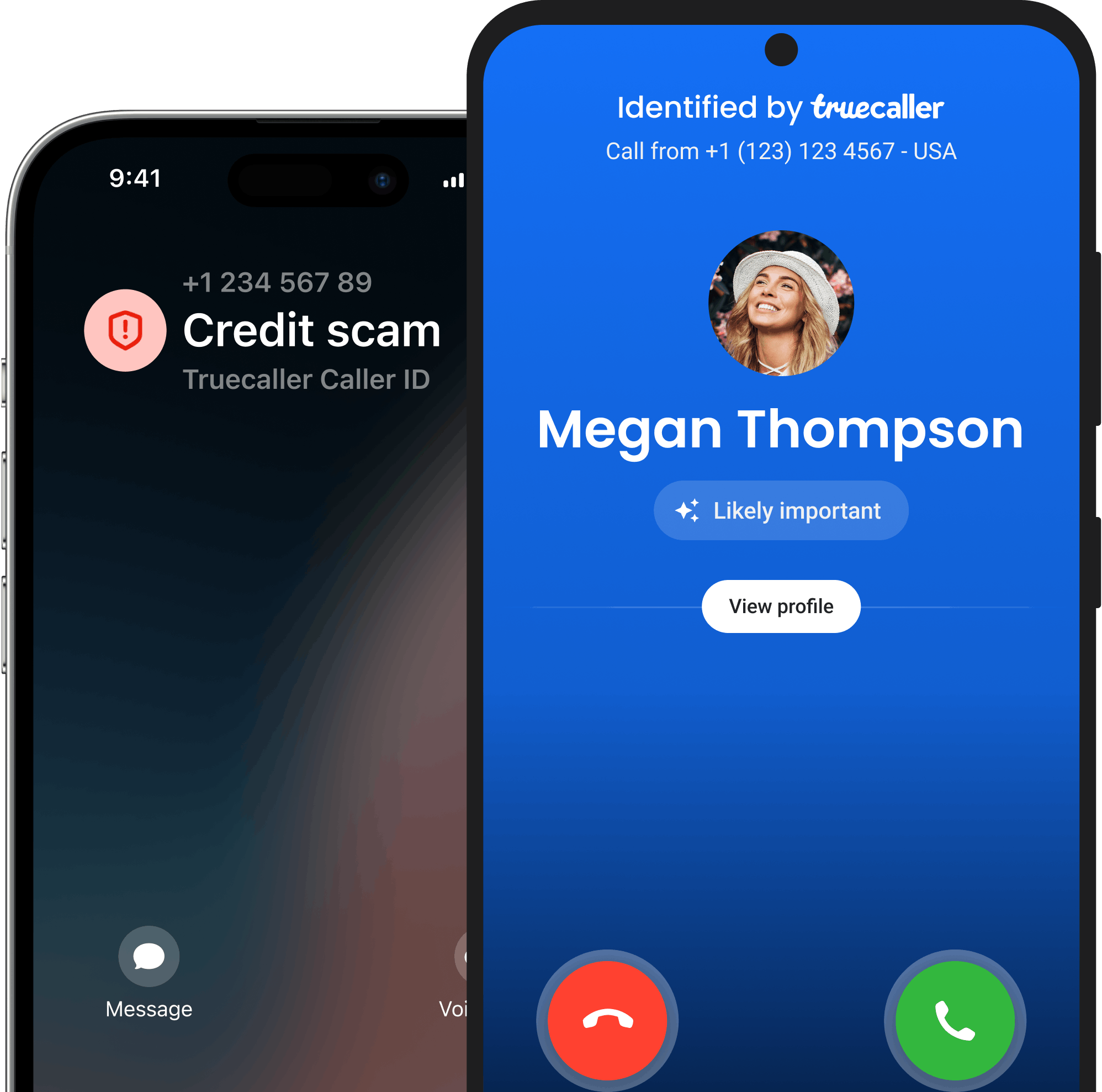 two screens - one for android and one for iOS, showing truecaller identifying an incoming phone call
