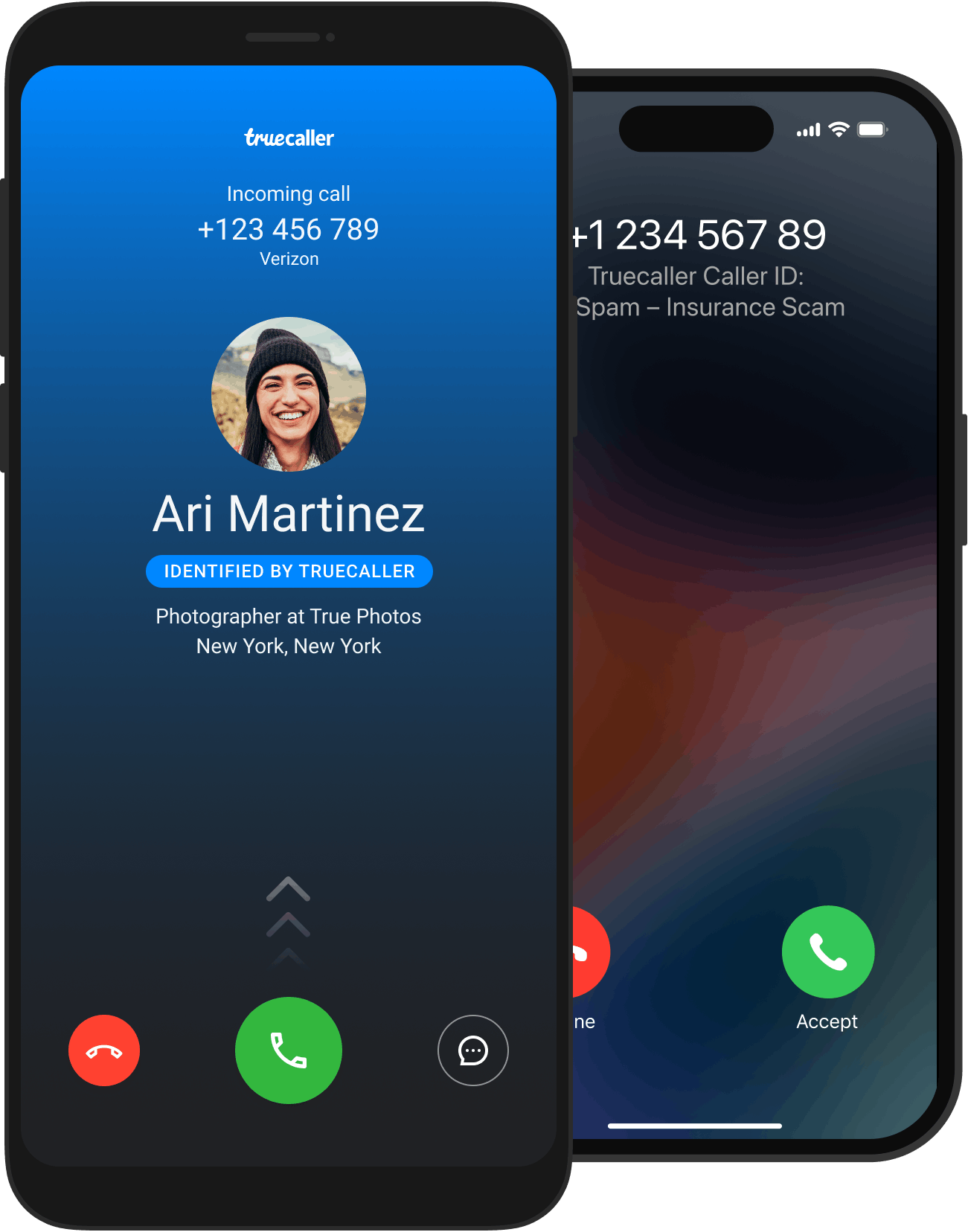 two screens - one for android and one for iOS, showing truecaller identifying an incoming phone call
