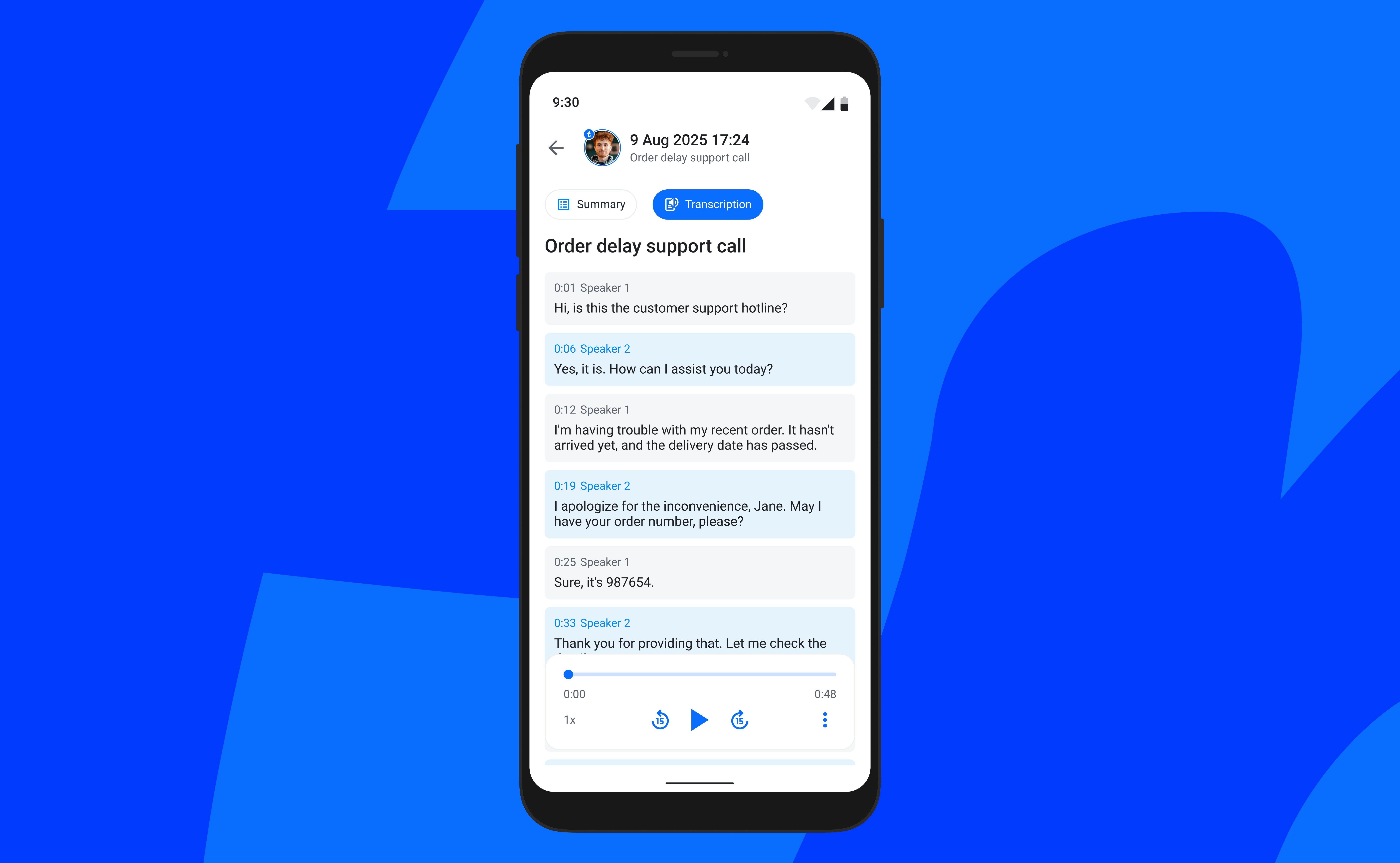 screen showing call recordings transcripts