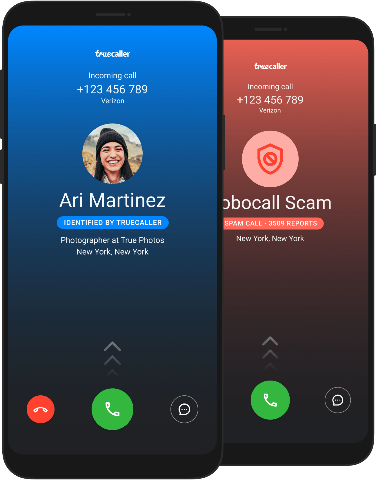 two phones showing identified incoming calls - one is a robocall scam and one is a person named "Ari Martinez"