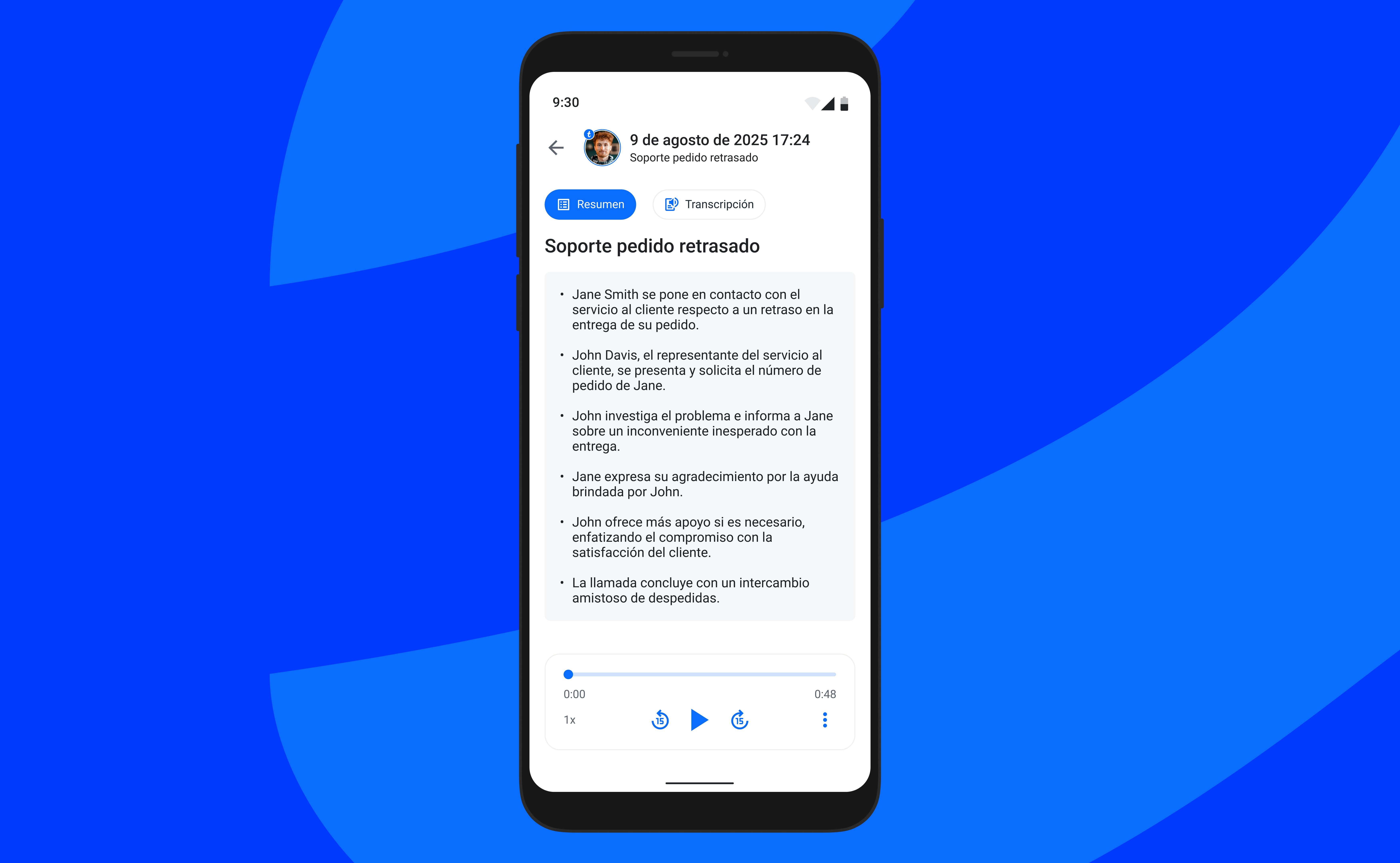 Pantalla que muestra resúmenes de una llamada grabada